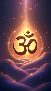 Golden glowing Om symbol floating in radiant light, surrounded by soft waves of energy and cosmic patterns representing Hindu spirituality and meditation.
