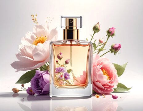 A clear, rectangular perfume bottle with gold accents sits amid pastel floral blooms, reflected on a soft surface
