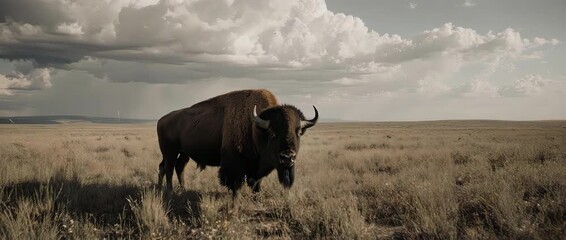 A powerful American bison on the vast Great Plains under a dramatic sky. This iconic image represents the untamed spirit and natural heritage of North America. - Powered by Adobe