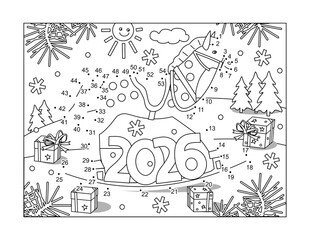 Dot-to-dot 2026 year Zodiac symbol horse in winter holidays activity picture puzzle and coloring page
