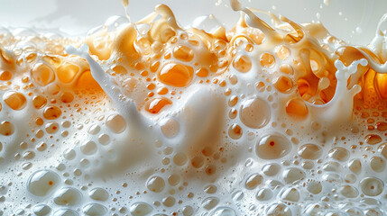 Milk and caramel splash.  Close-up view of creamy milk with caramel splashes and bubbles.