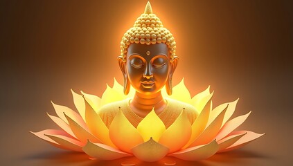 Obraz premium Golden Buddha silhouette made of light particles surrounded by lotus petals and circular ripples symbolizing enlightenment and inner peace. 
