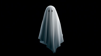 Cute ghost in a white sheet, hovering in the middle of a black background