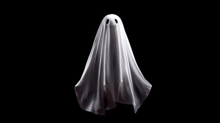 Ghost in a white sheet in centered in a black background