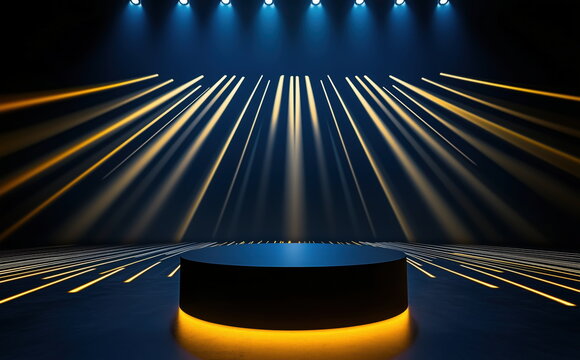 A black podium with yellow light beams shining down on it. The background is dark blue and has symmetrical lines of white laser lights coming from above.