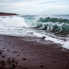 Crashing Waves on a Dark Sand Beach - A Powerful Ocean Scene.