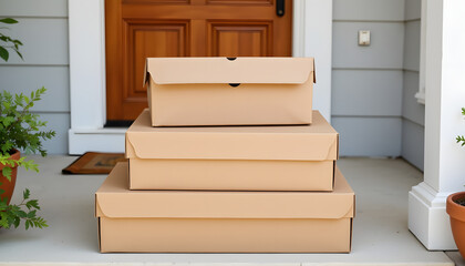 Stacked pizza boxes on doorstep for delivery, takeout convenience