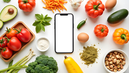 Assorted groceries and smartphone with delivery app, modern convenience