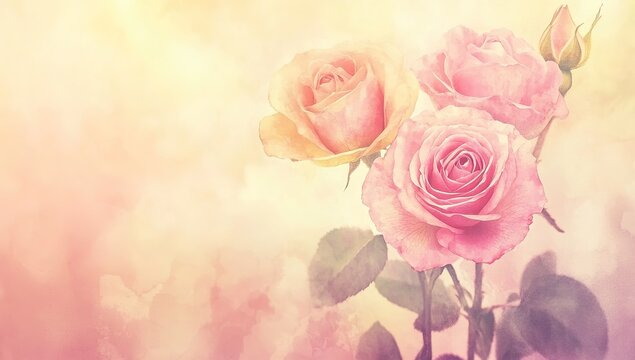 Pink roses in watercolor, pink and yellow color palette, close-up, delicate details, pastel tones, soft lighting, watercolor painting style, high resolution, hand-painted watercolor paper background