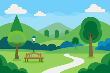 Obraz premium Flat design park scene with trees bench and path