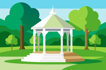 A beautiful white gazebo stands in a lush green park surrounded by trees