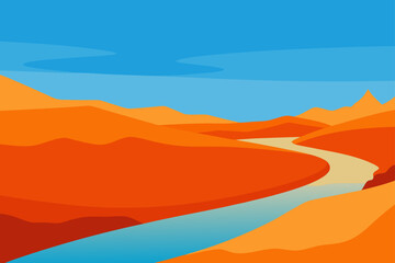 Vibrant desert landscape with winding river and blue sky