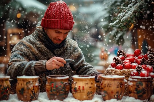 Man in red hat and sweater looking at phone at table with...