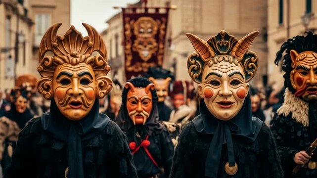Traditional Italian Carnival Masquerade Parade with Elaborate Masks and Costumes in a European Town Square Under Overcast Sky