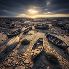 Boats Stranded on Cracked Earth at Sunset - A Surreal Landscape.