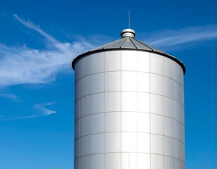 Minimalist composition showing a single modern industrial silo or storage tower against a clear, expansive blue sky.