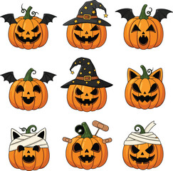 A collection of nine cartoon Halloween jackolanterns with various spooky and cute costumes.