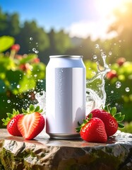 White Beverage Can With Strawberries and Water Splash