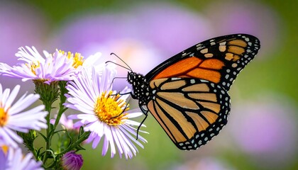 Fototapeta premium A majestic monarch butterfly resting on delicate purple flowers