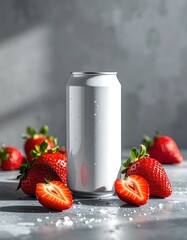 Chilled White Can With Strawberries on Concrete