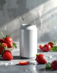 Chilled White Can With Strawberries on Concrete