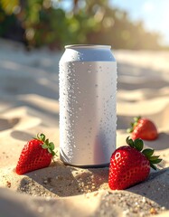White Can With Strawberries on Sand Surface