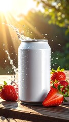 White Beverage Can With Strawberries and Water Splash