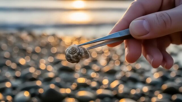 Close-up of hand holding a small seashell with tweezers at sunset on a beach.