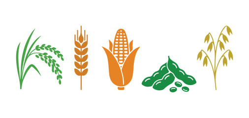 Color outline icons representing different grains and seeds, such as rice, wheat, corn, soybeans, and oats

