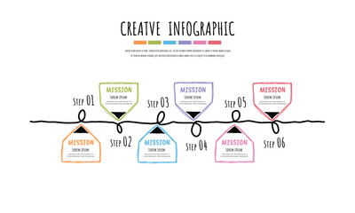 Infographics Hand drawn template with 6 labels, can be used for workflow layout, diagram, business step options, banner, and web design.