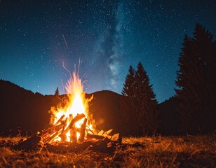 キャンプファイヤーと夜空の星（生成AI　Generated Image）