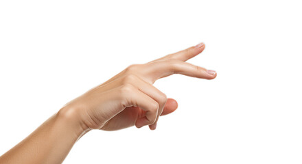 Photorealistic close-up female hand, index finger curled as if tapping, fine skin detail, isolated on transparent background, png