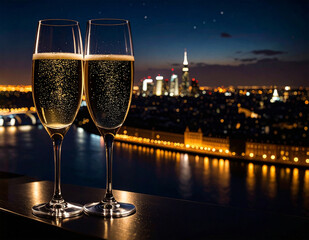 夜景とシャンパン（生成AI　Generated Image）