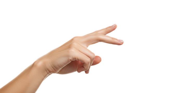 Photorealistic close-up female hand, index finger curled as if tapping, fine skin detail, isolated on transparent background, png