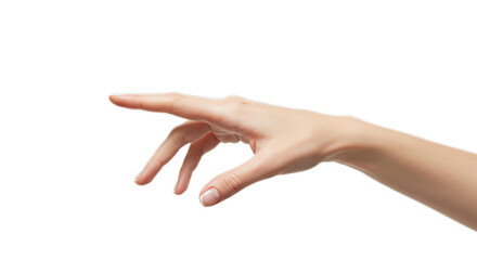 Female hand, elegant and precise index point, slim fingers, clean contours, manicure detail, crisp white. Isolated on transparent background, png