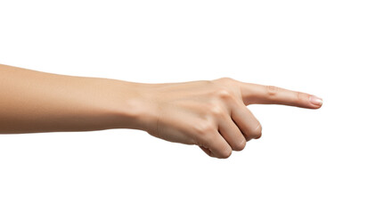 Female hand pointing firmly with index finger, anatomical detail highlighted, seamless high-key white effect, isolated on transparent background, png