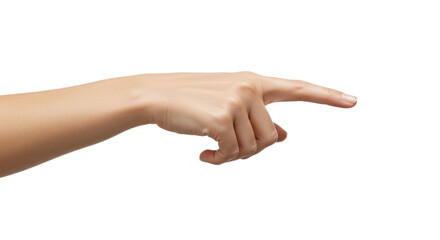 Highly detailed photorealistic female hand, close-up, index finger bent as if indicating, smooth matte skin, flawless white. Isolated on transparent background, png