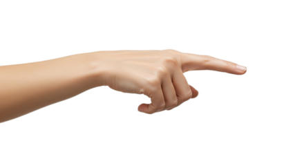 Highly detailed photorealistic female hand, close-up, index finger bent as if indicating, smooth matte skin, flawless white. Isolated on transparent background, png