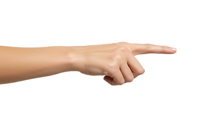 Photorealistic female hand, palm up, index finger extended horizontally, soft tones, isolated on transparent background, png