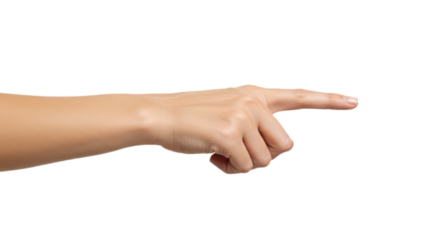 Photorealistic female hand, palm up, index finger extended horizontally, soft tones, isolated on transparent background, png