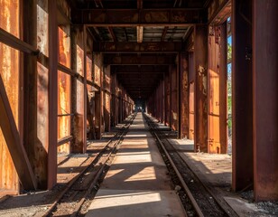 Rusty, decaying factory corridor in bright daylight, showcasing deep perspective, rough texture, and industrial abandonment.