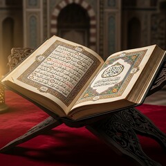 Open Quran on Stand - Islamic Scripture and Religious Study.