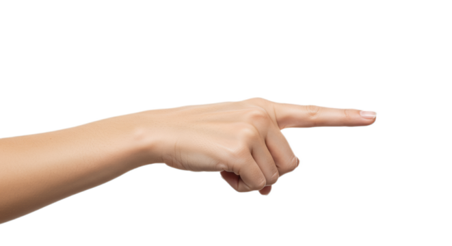 Photorealistic female hand, index extended, palm slightly toward viewer, soft transitions, delicate fullness. Isolated on transparent background, png