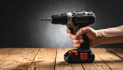 A person holding a power drill on a wooden surface
