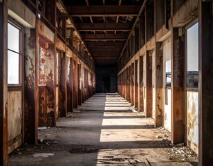 Decaying, rusty industrial corridor illuminated by daylight, emphasizing the texture of the materials and the depth of the abandoned space.