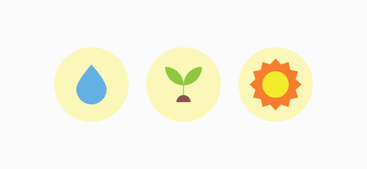 Clean energy icon set representing hydro, bio, and solar power. Simple flat design perfect for green technology, environmental protection, and sustainable living