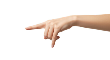 Creative photorealistic female hand, index pointing downward, exact skin detail and even tones, clear gesture. Isolated on transparent background, png