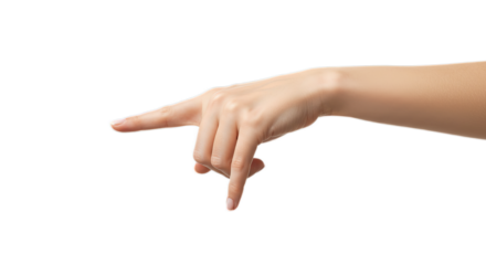 Creative photorealistic female hand, index pointing downward, exact skin detail and even tones, clear gesture. Isolated on transparent background, png