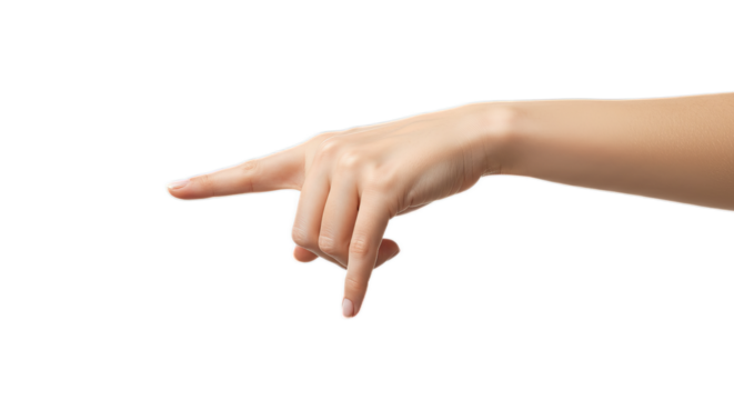 Creative photorealistic female hand, index pointing downward, exact skin detail and even tones, clear gesture. Isolated on transparent background, png