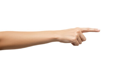 Female hand pointing index finger to right, smooth illumination, inverse composition, isolated on transparent background, png